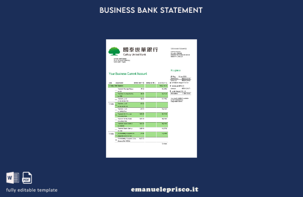 modello Word e PDF di estratto conto aziendale Cathay United Bank in stile verif